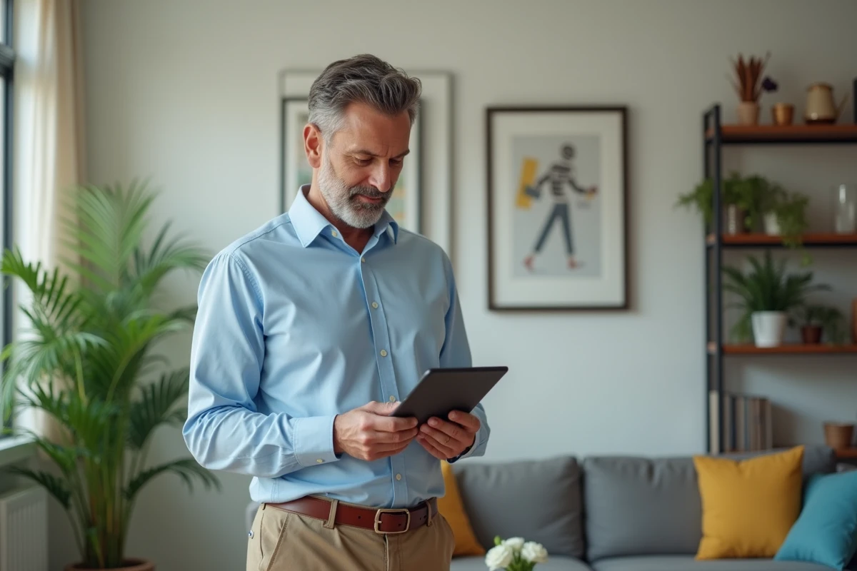 Homme d âge moyen utilisant une tablette pour ses investissements