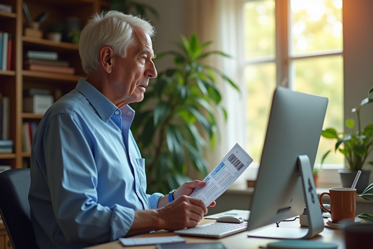 Homme âgé vérifiant un code promo dans son bureau à domicile