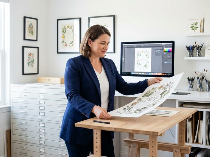 Illustratrice expérimentée examinant une illustration grand format dans un studio professionnel