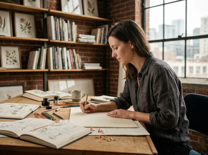 Illustratrice professionnelle dessinant dans son atelier entouré de croquis et de matériel artistique