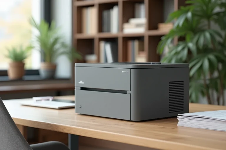 Imprimante laser moderne posée sur un bureau en bois dans un environnement de bureau contemporain