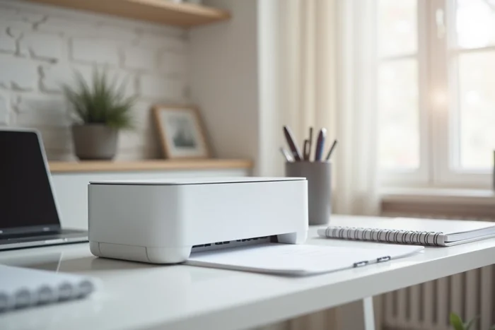 Imprimante LED compacte sur un bureau de bureau à domicile avec accessoires de travail