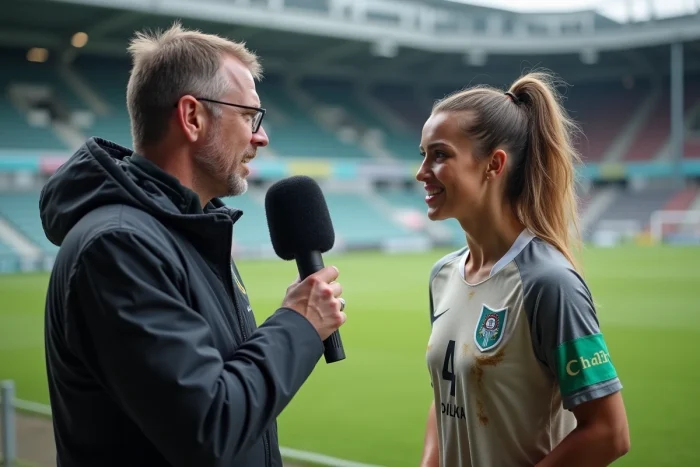 Journaliste sportif interviewant une footballeuse en bord de terrain dans un stade régional après un match