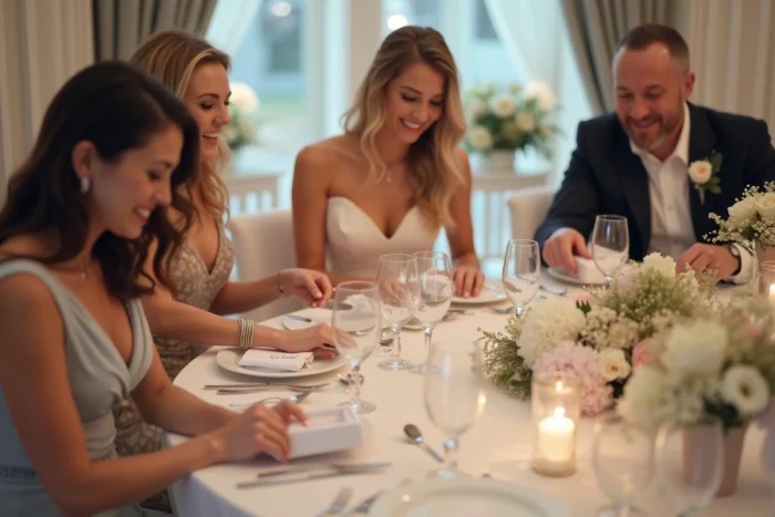 Invités élégants ouvrant des cadeaux de mariage lors d'une réception