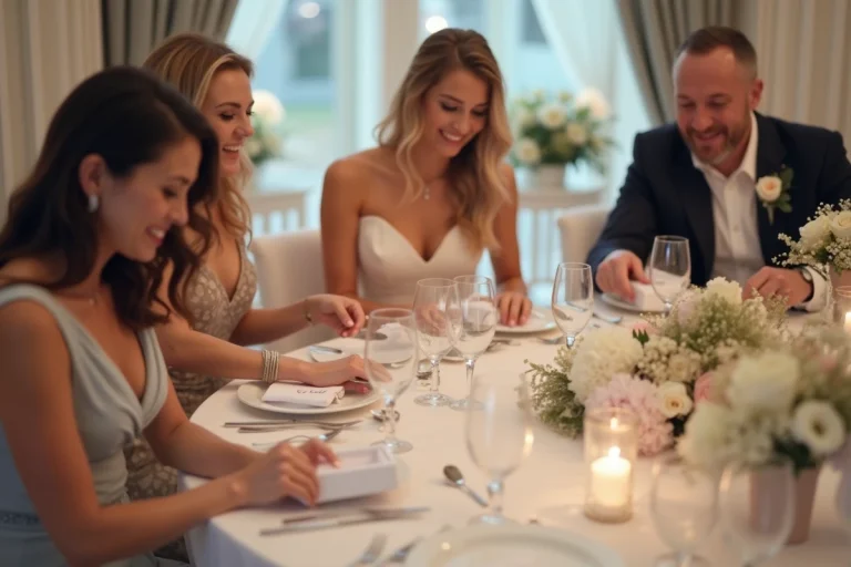 Invités élégants ouvrant des cadeaux de mariage lors d'une réception