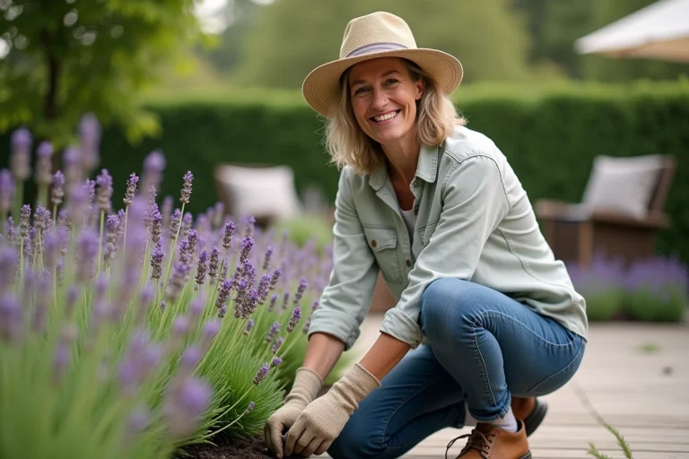 Femme en jardinage plantant de la lavande dans un jardin paisible