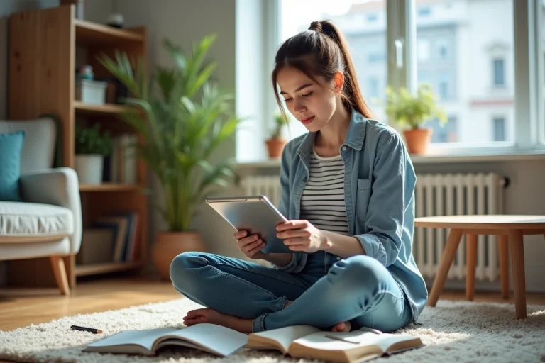 Jeune femme utilisant une application de langues sur tablette dans un salon