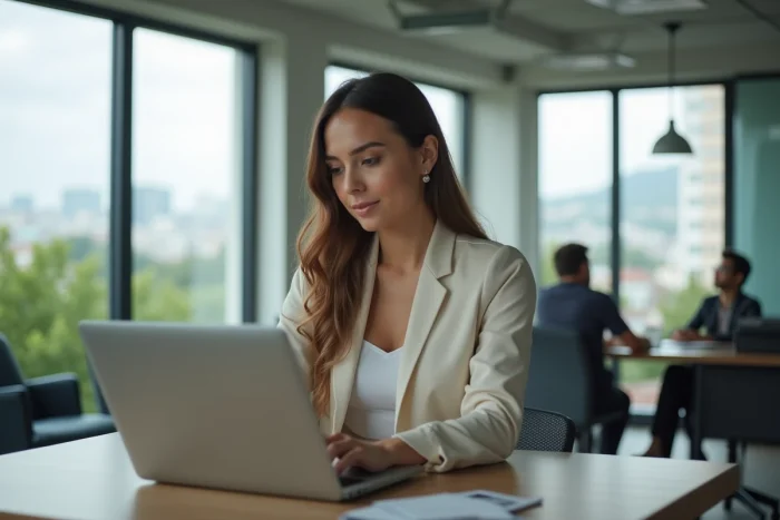 Jeune femme entrepreneure travaillant sur son ordinateur dans un espace coworking