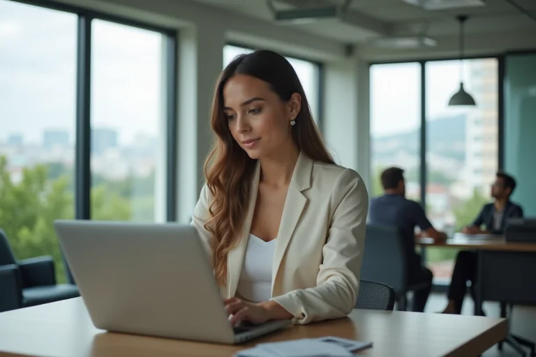Jeune femme entrepreneure travaillant sur son ordinateur dans un espace coworking