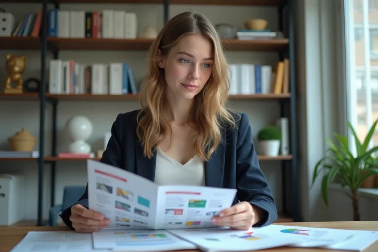 Jeune femme en blazer examine des brochures de carrière