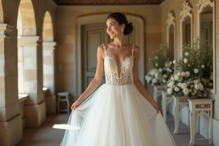 Jeune femme en robe de mariée dans un château français