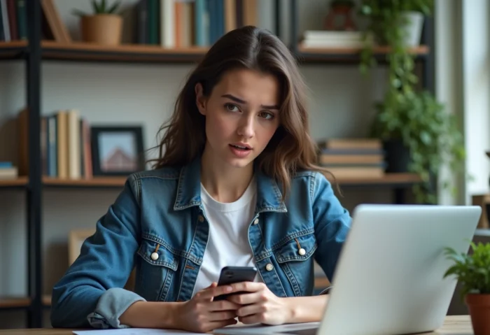 Jeune femme surprise regardant son smartphone dans un appartement