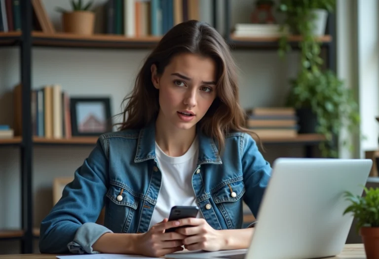 Jeune femme surprise regardant son smartphone dans un appartement