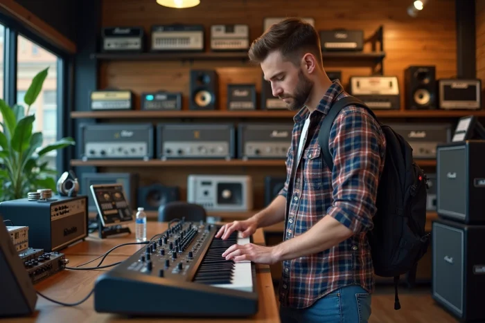 Jeune homme examinant un clavier dans un magasin de musique