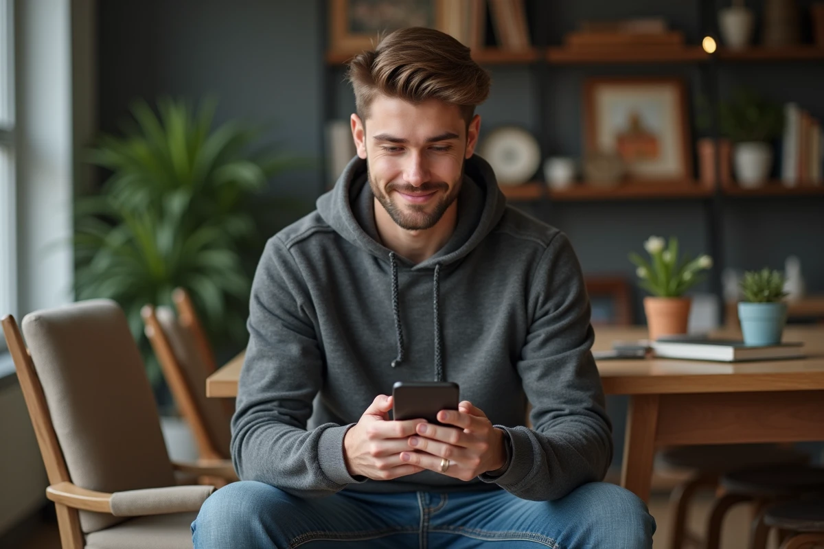 Jeune homme souriant utilisant son smartphone pour se connecter
