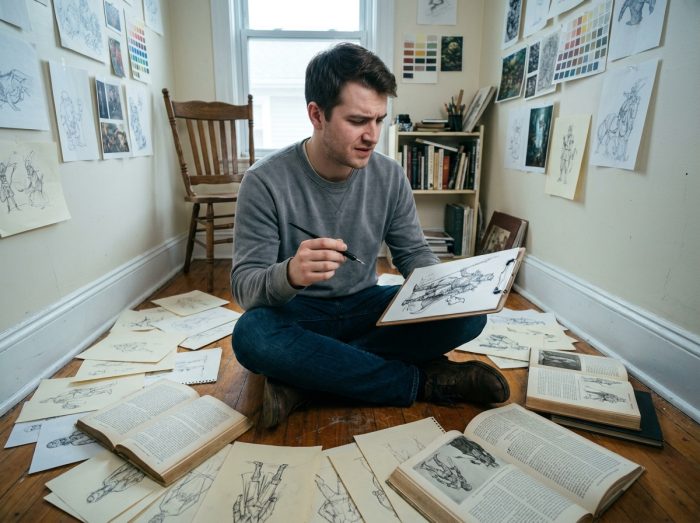 Jeune illustrateur travaillant sur des croquis de personnages assis sur le sol de son atelier personnel