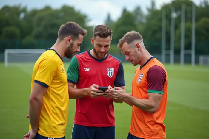 Joueurs amateurs de football consultant les résultats en temps réel sur smartphone lors d'une pause d'entraînement