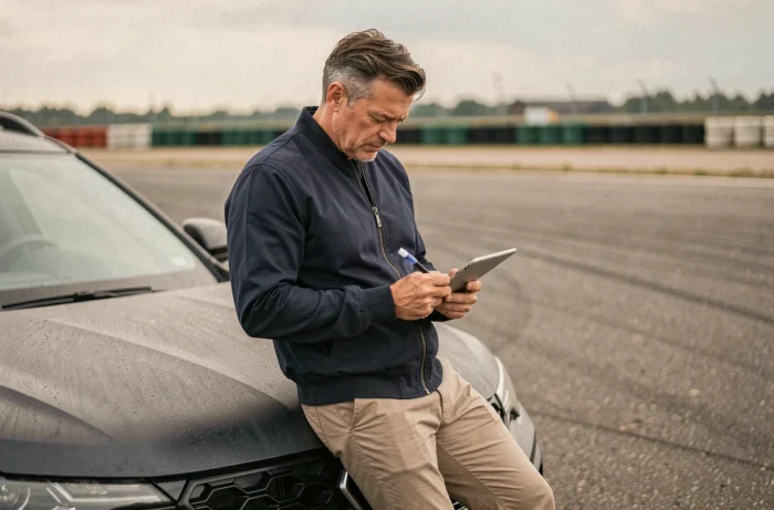 Journaliste automobile masculin analysant les performances d'un SUV sur une piste d'essai extérieure