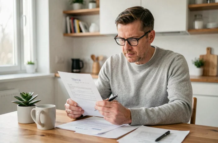 Locataire lisant attentivement un contrat de bail immobilier avant de signer