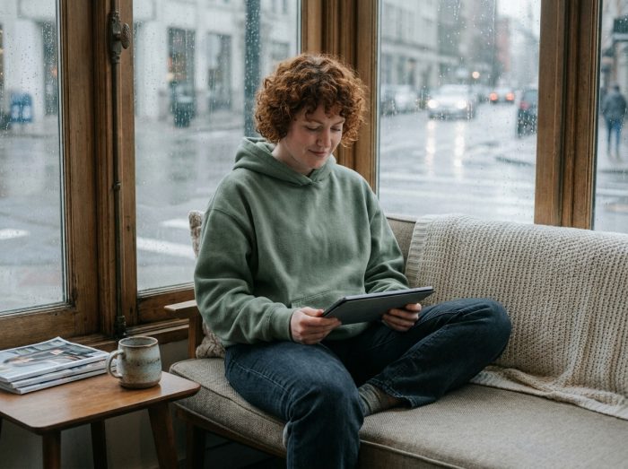 Jeune personne détendue lisant sur une tablette près d'une fenêtre pluvieuse dans un appartement cosy