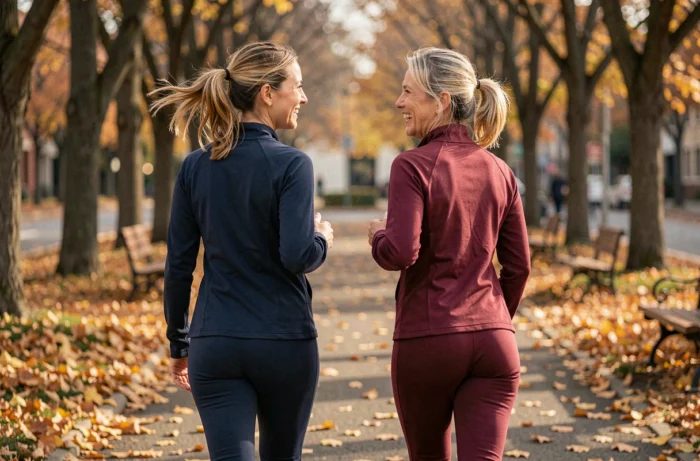 Deux femmes marchant ensemble dans un parc en automne pour prendre soin de leur santé et bien-être