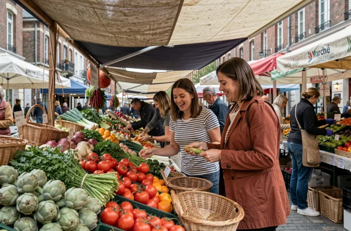Deux femmes faisant leurs courses au marché de Talensac à Nantes parmi les étals de légumes frais
