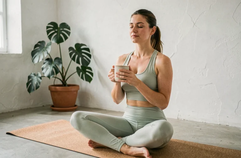 Femme pratiquant la méditation matinale avec une tasse de tisane dans un studio de yoga minimaliste