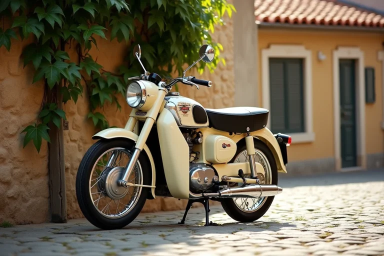 Moto vintage 125cc style Dax garée sur des pavés dans un village français avec mur en pierre et volets en bois
