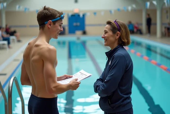 Jeune nageur et entraîneuse consultant le programme d'événements sportifs dans un centre aquatique municipal régional