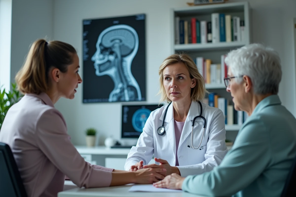 Neurologue expliquant une IRM cérébrale à une patiente âgée