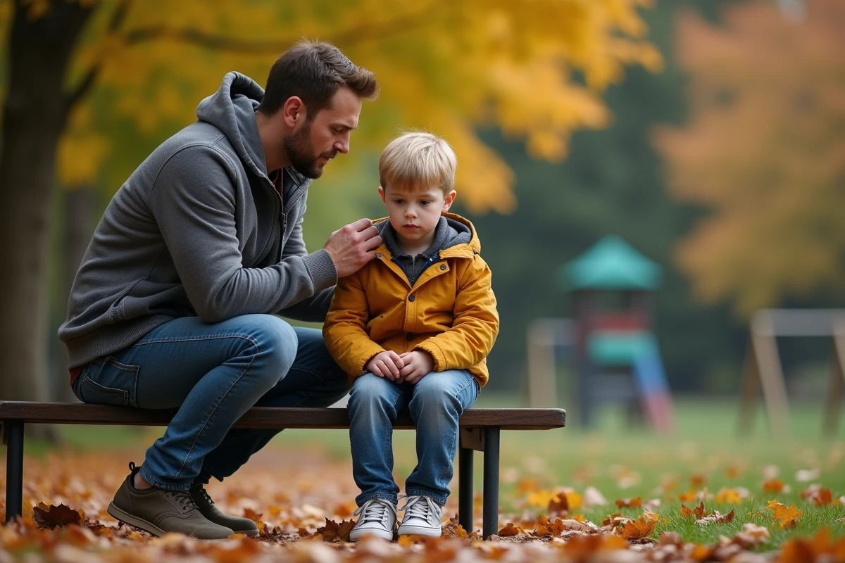Pere et enfant dans un parc automnal passif