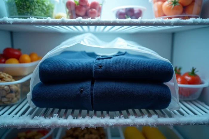 Pull en cachemire bleu marine dans un sac congélation posé sur une étagère de congélateur domestique