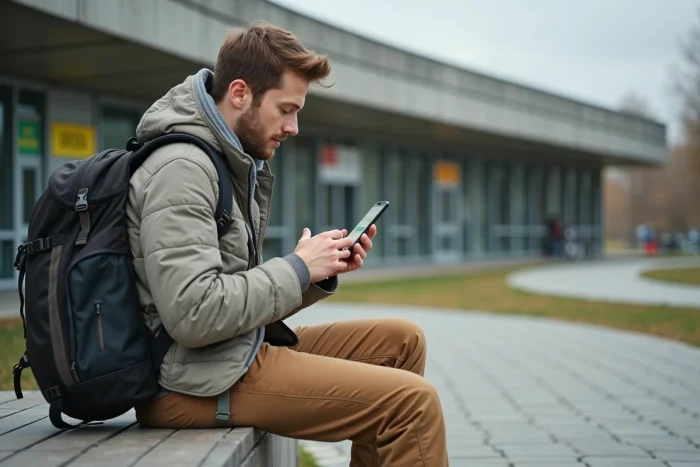Randonneur cherchant une douche publique sur une application mobile devant un centre sportif municipal