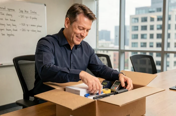 Homme professionnel déballant une commande de fournitures de bureau livrée dans une salle de réunion d'entreprise