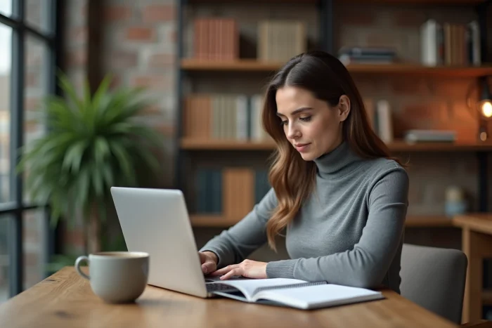 Dirigeante prenant des notes dans un carnet lors d'une réflexion personnelle sur ses objectifs de coaching dans un espace de coworking