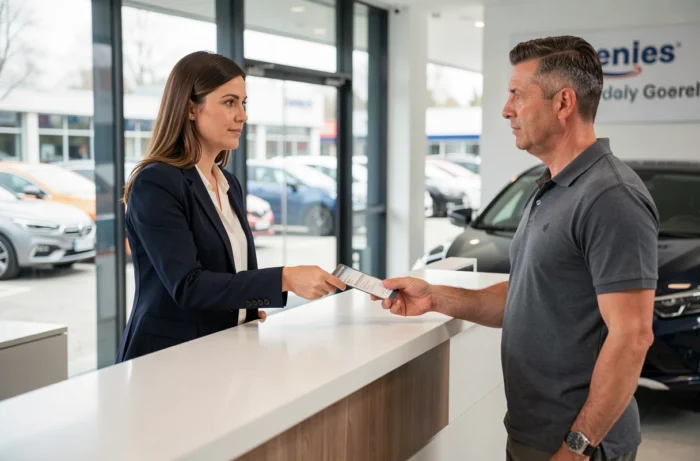 Femme remettant un certificat d'immatriculation à un agent dans une concession automobile lors d'une transaction officielle