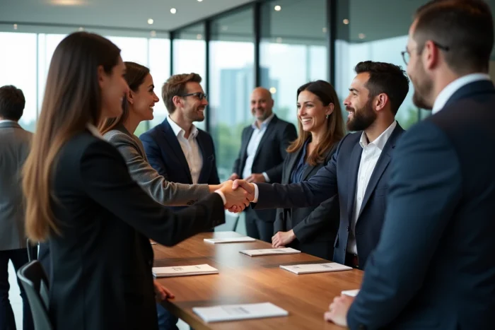 Professionnels d'affaires échangeant lors d'un réseautage