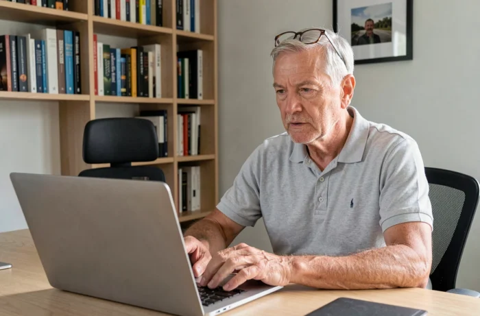 Homme retraité concentré sur son ordinateur portable dans un bureau à domicile, explorant des sites web et ressources numériques pour seniors