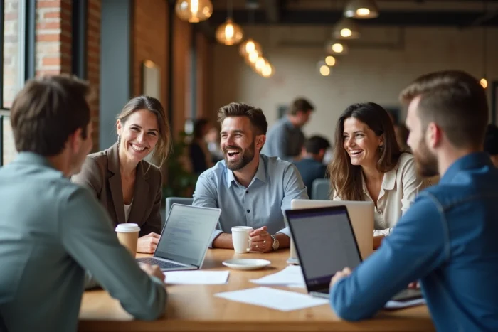 Équipe de professionnels en réunion stratégique autour d'une table dans un espace de co-working tendance