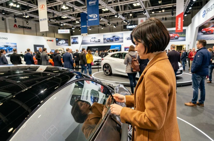 Visiteurs découvrant les derniers modèles de voitures conceptuelles lors d'un grand salon automobile international