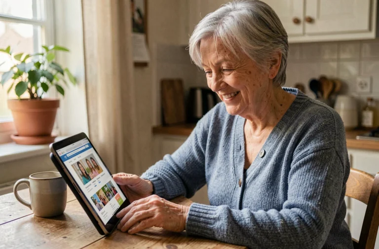 Femme senior souriante utilisant une tablette pour accéder à des ressources en ligne dédiées aux retraités, assise dans sa cuisine