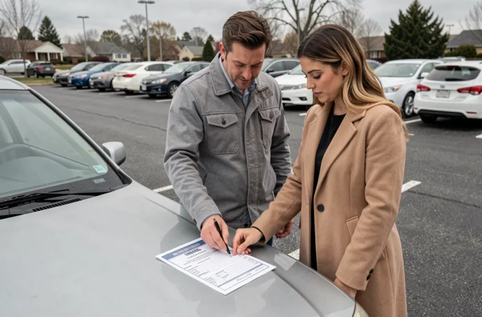 Deux personnes examinant un certificat de cession d'un véhicule d'occasion posé sur le capot d'une voiture dans un parking