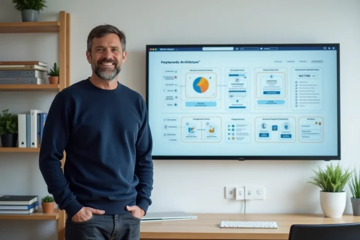 Un professionnel du marketing digital debout devant un grand écran affichant une architecture SEO et une carte de mots-clés