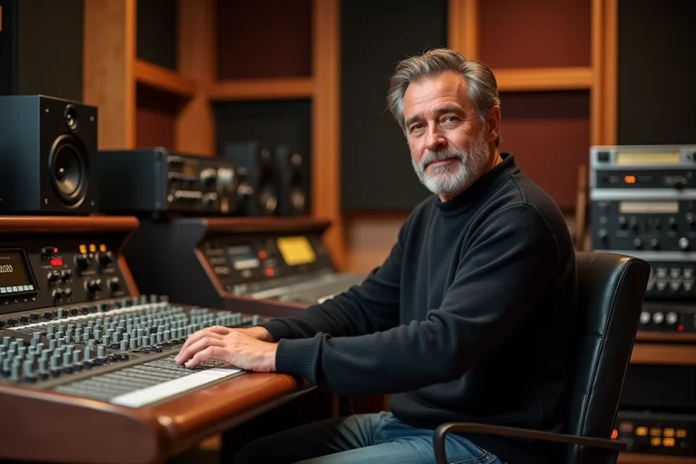 Homme en studio d'enregistrement ajustant un fader