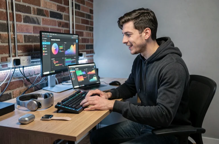 Jeune homme geek entouré de gadgets high-tech dans un bureau moderne avec casque AR et laptop