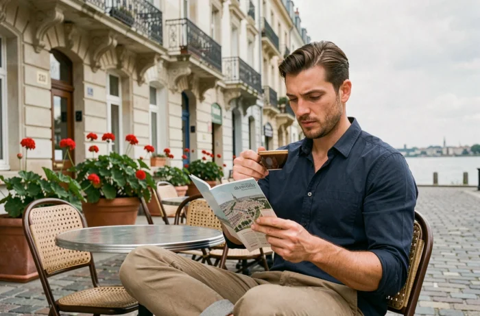 Homme attablé à une terrasse de café sur l'Île de Feydeau à Nantes avec un guide touristique