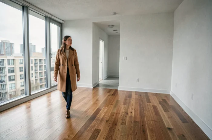 Femme visitant un appartement vide lors d'une recherche de location immobilière